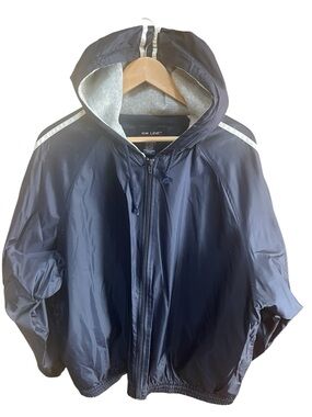 Vintage Navy Lightweight Hooded Windbreaker Jacket with Two White Stripe Trim.